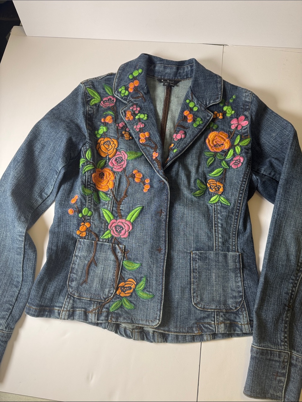 Embroidered Floral Denim Jacket in Blue